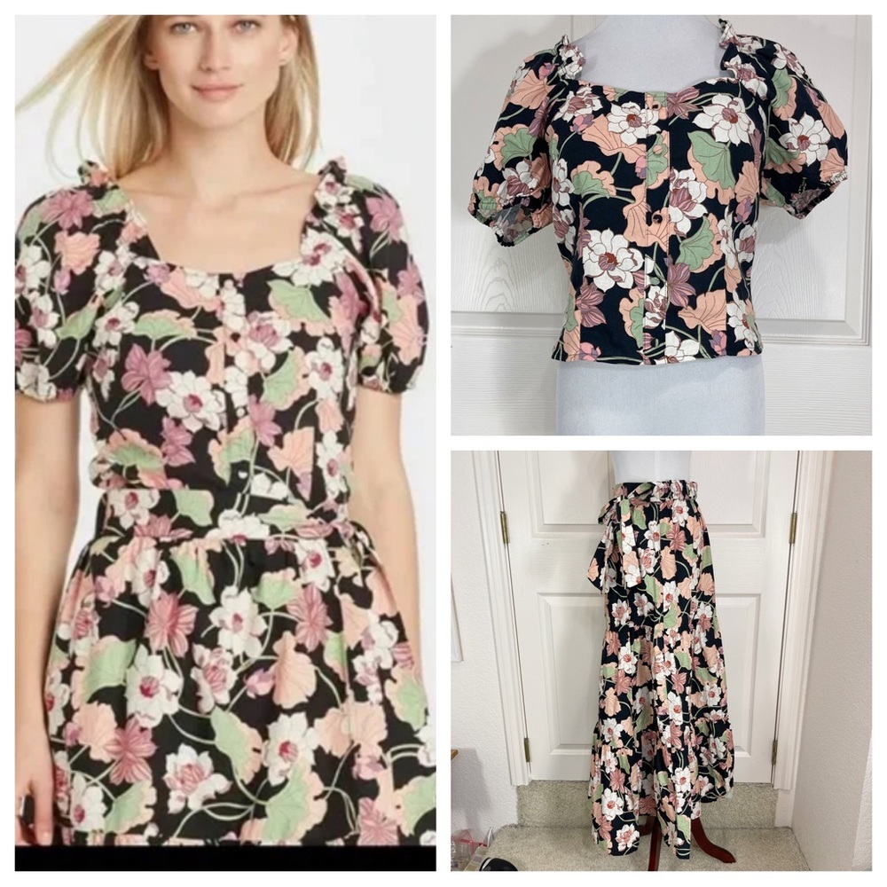 NWT! Who What Wear Wrap Maxi Skirt and Square-Neck Button-Up top- Black Floral